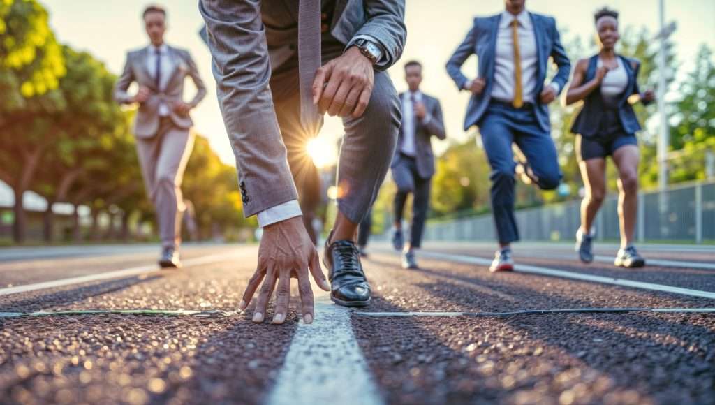 Business people racing to symbolize goal management and achievement