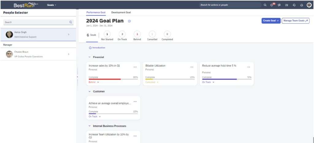 SuccessFactors Latest Goal Management User Interface with People Selector and 2024 Goal Plan