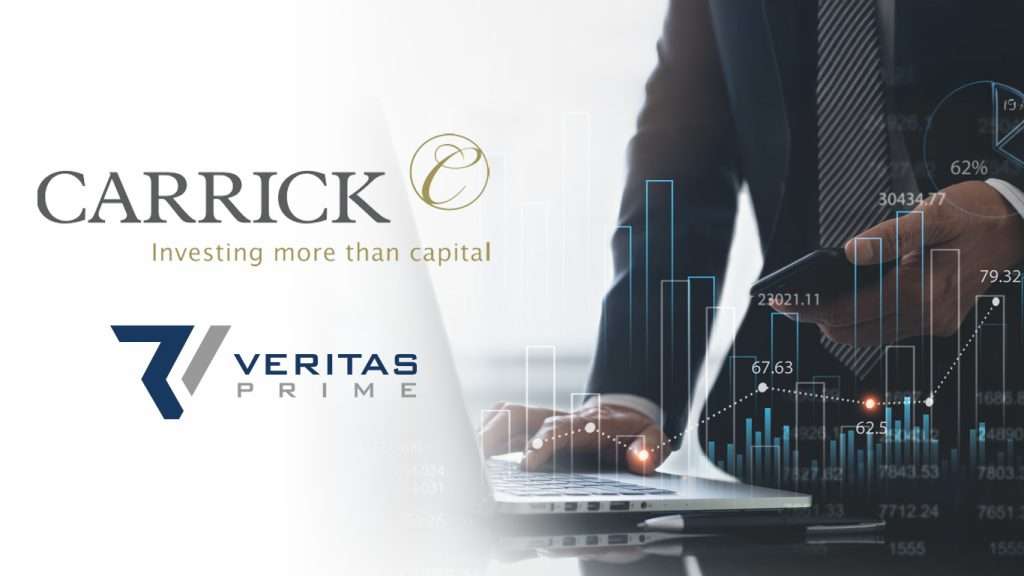 Logos of Carrick Capital Partners and Veritas Prime on an abstract background with numbers and data graphics representing innovation, technology, and investment growth.