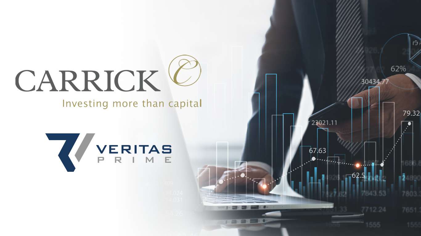 Logos of Carrick Capital Partners and Veritas Prime on an abstract background with numbers and data graphics representing innovation, technology, and investment growth.