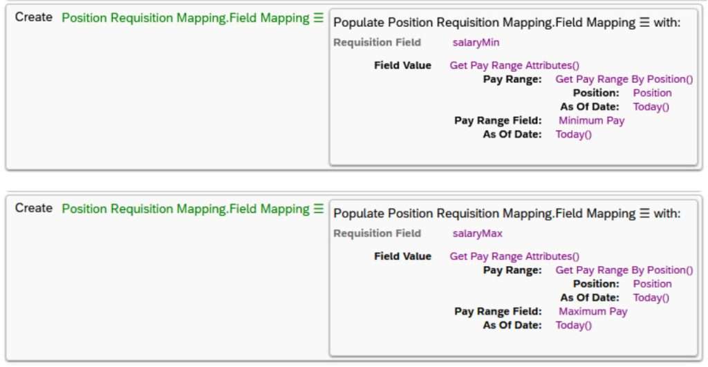 Business rule in SAP SuccessFactors mapping salaryMin field from position to requisition for pay transparency setup