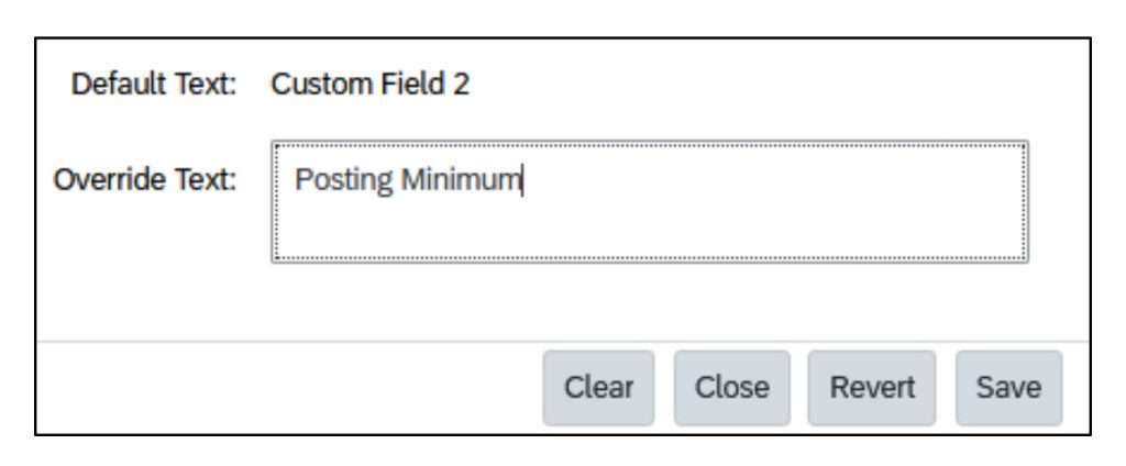 Updating override text for a custom field labeled Posting Minimum in SAP SuccessFactors Recruiting Marketing
