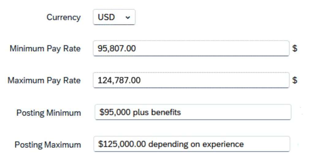 Example of pay range and posting fields in SAP SuccessFactors Recruiting requisition form