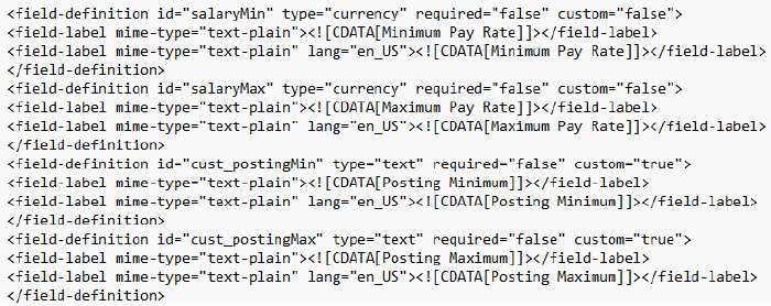 XML code defining pay range fields for SAP SuccessFactors Recruiting configuration