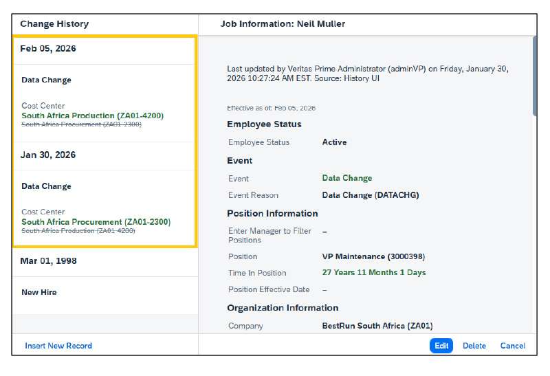 Job Information in SuccessFactors UI before deletion
